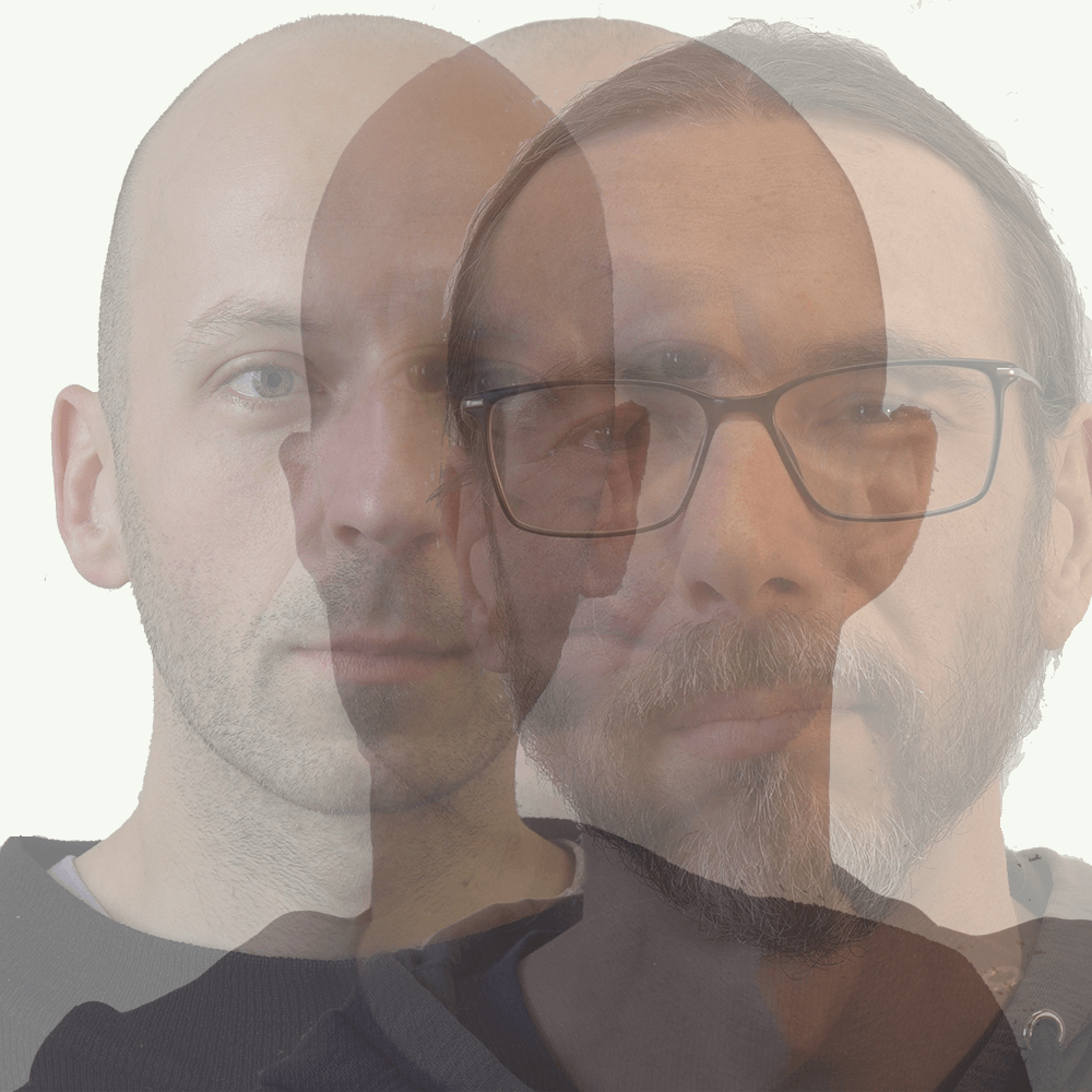 Photographs of the three Abrichten members, layered